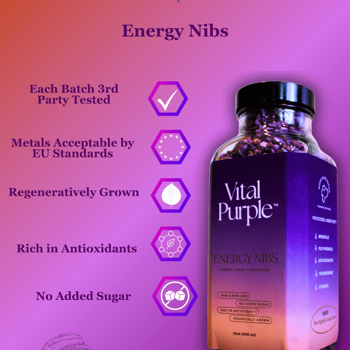 Vital Purple: High Flavanol Cocoa Nibs 10z | High Antioxidant | Low Cadmium | Raw Cacao - Natural Zing