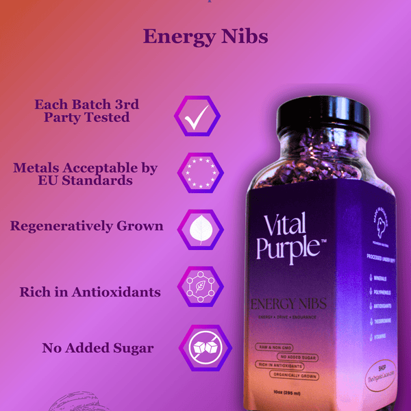 Vital Purple: High Flavanol Cocoa Nibs 10z | High Antioxidant | Low Cadmium | Raw Cacao - Natural Zing