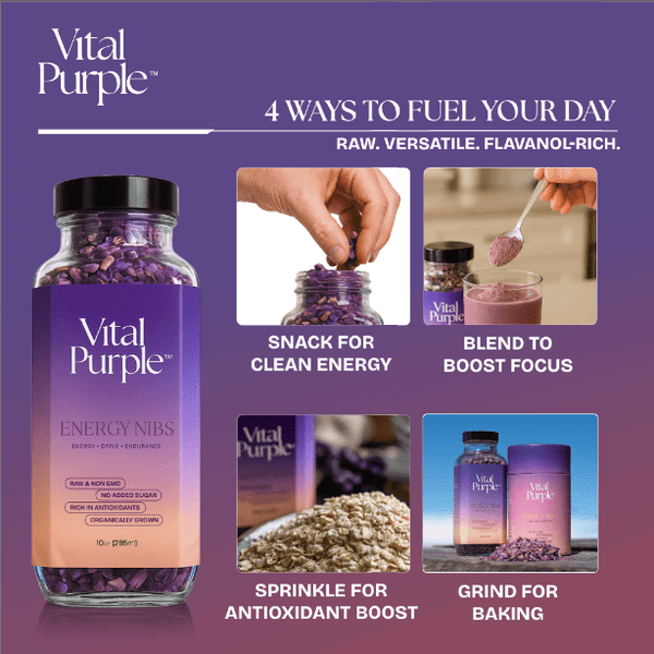 Vital Purple: High Flavanol Cocoa Nibs 10z | High Antioxidant | Low Cadmium | Raw Cacao - Natural Zing