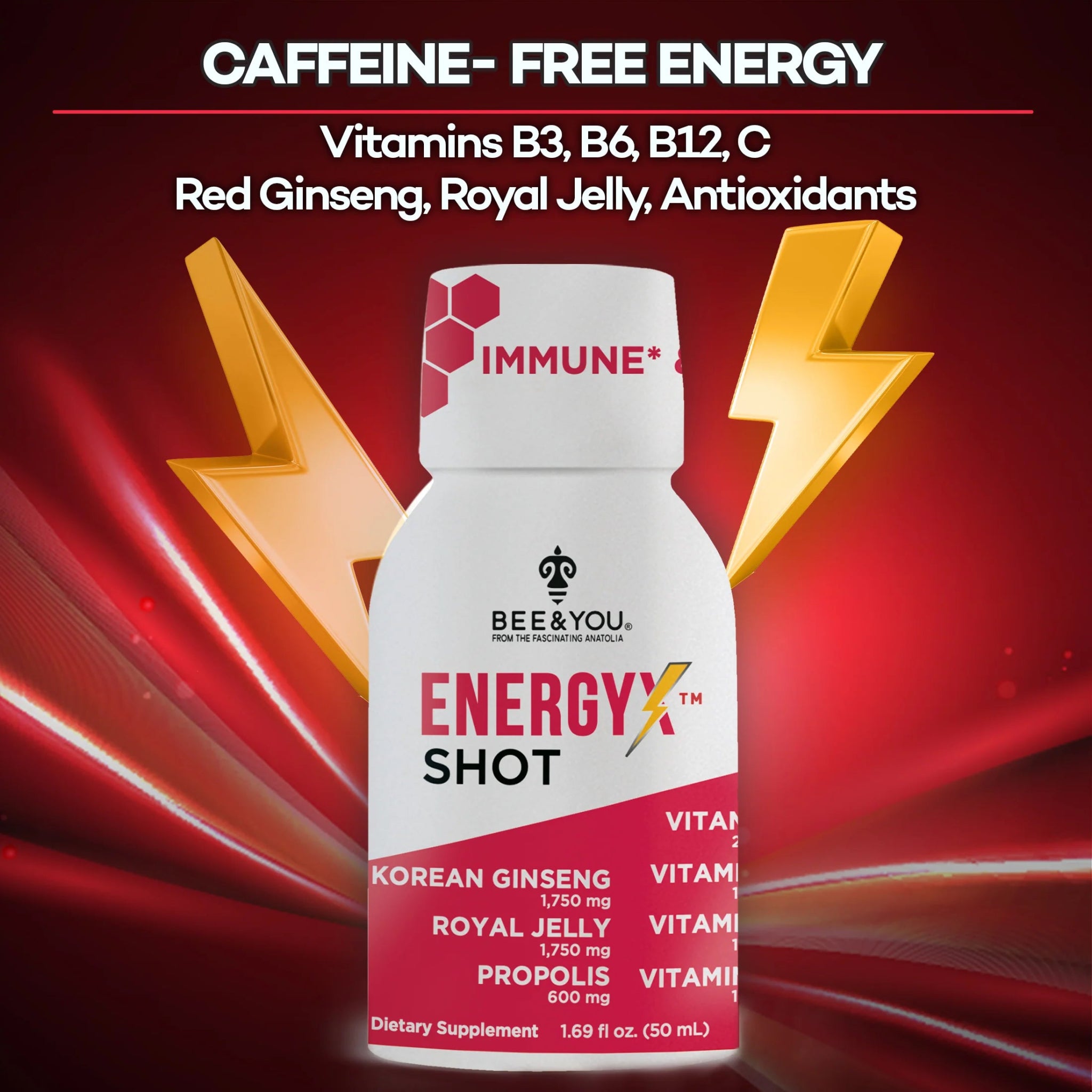 Bee & You: Energy Immune Shot |Natural Pomegranate Taste| Caffeine-Free