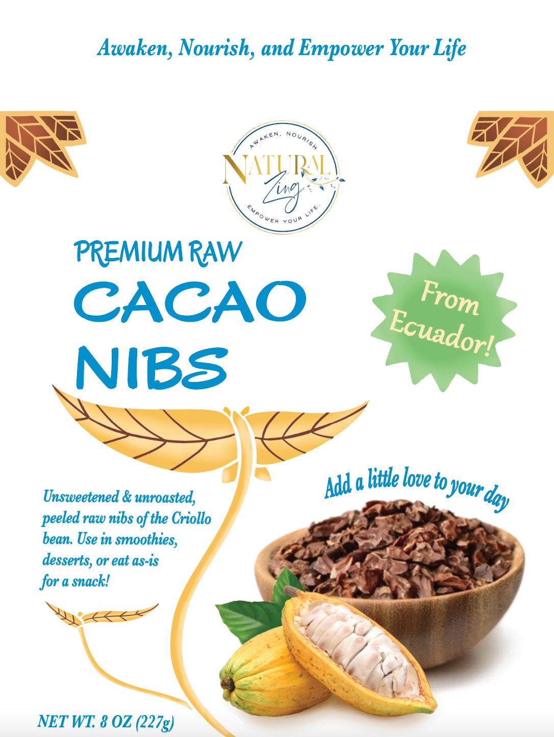 Raw Cacao Nibs 8 oz - Criollo