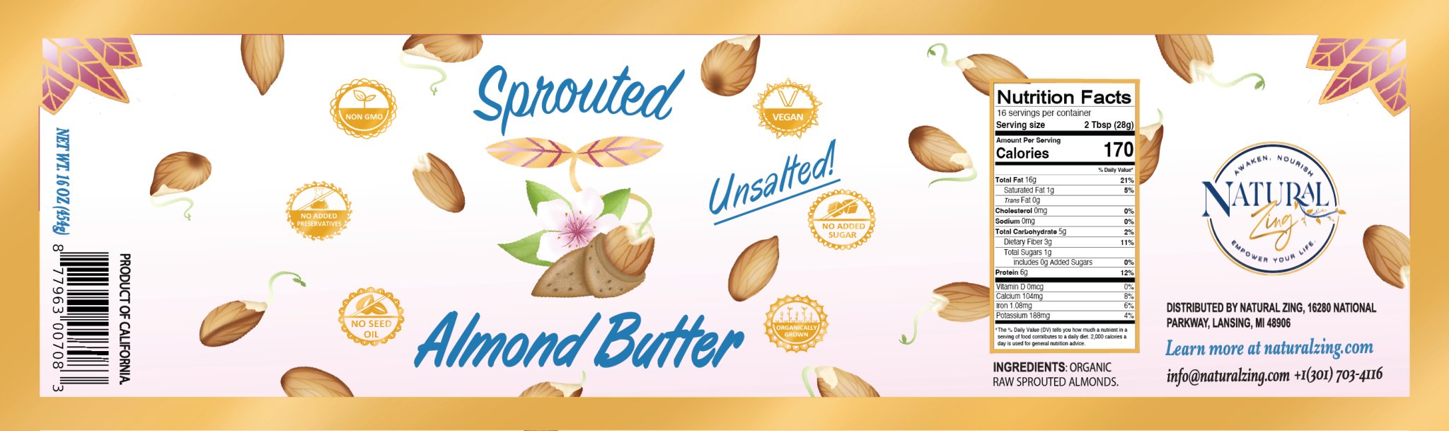 Raw Sprouted Almond Butter 16 oz - Natural Zing