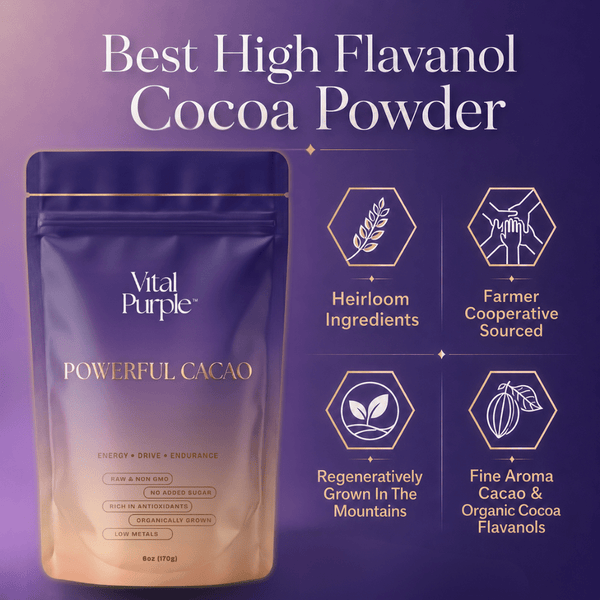 Vital Purple: High Flavanol Cocoa Powder- 25% Fat | 6 oz | High Antioxidant Cacao | Low Cadmium Cacao - Natural Zing