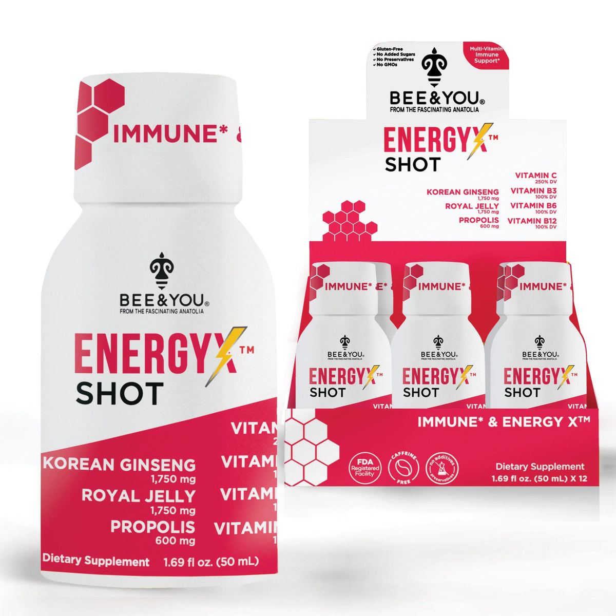 Bee & You: Energy Immune Shot |Natural Pomegranate Taste| Caffeine-Free - Natural Zing