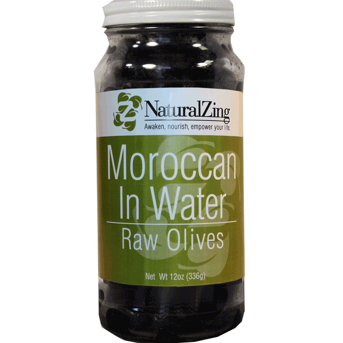 Moroccan Style Raw Dried Black Olives in water, 12 oz